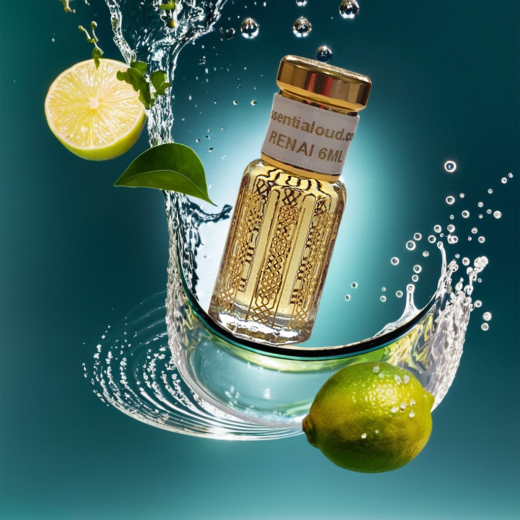 Picture of Renaii ( Renaissance Xerjof) in a splash of water surrounded by lime. Available in3, 6 and 12ml Oud oil