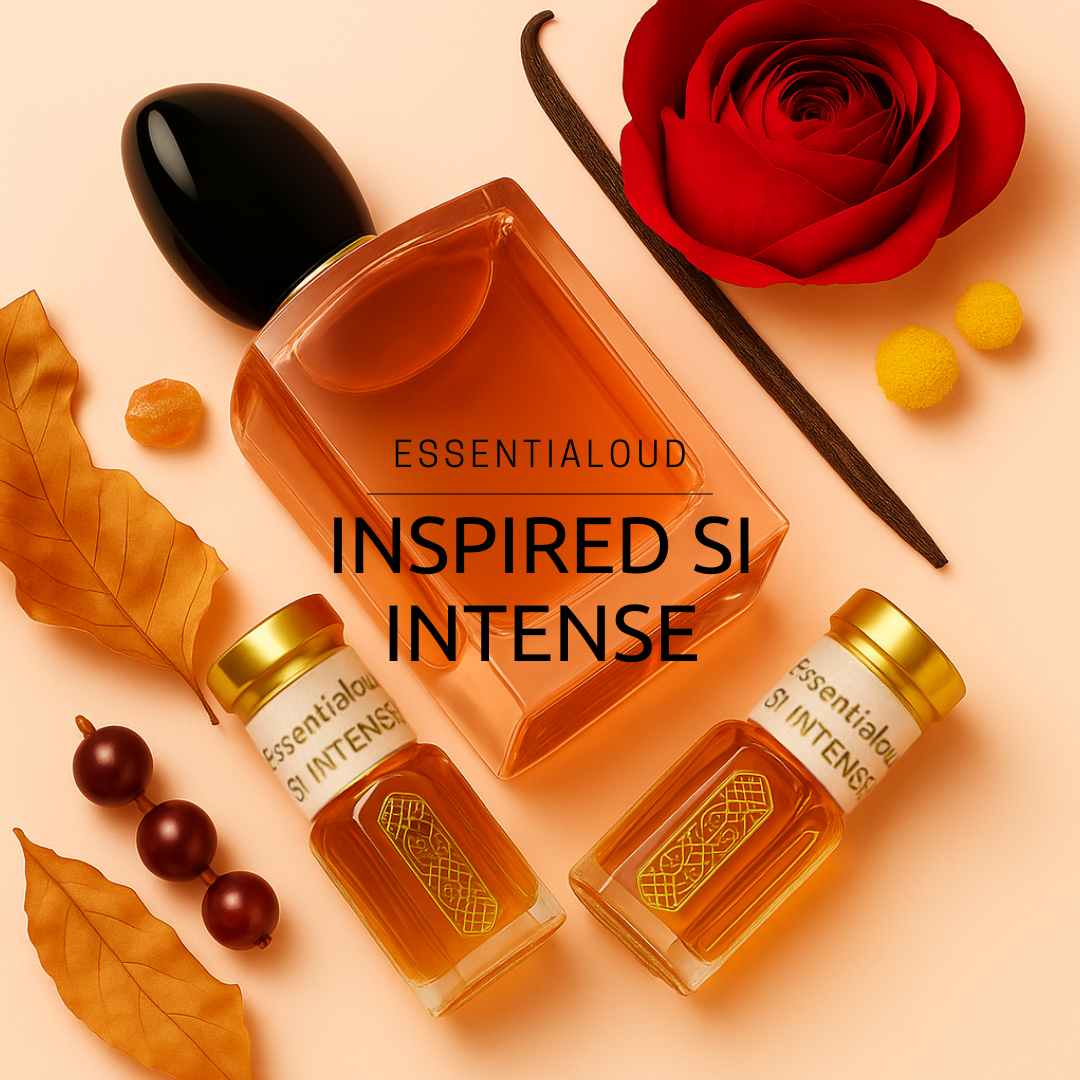 Essentialoud Inspired Armani SI Intense perfume bottles with floral and vanilla beans on a peach background