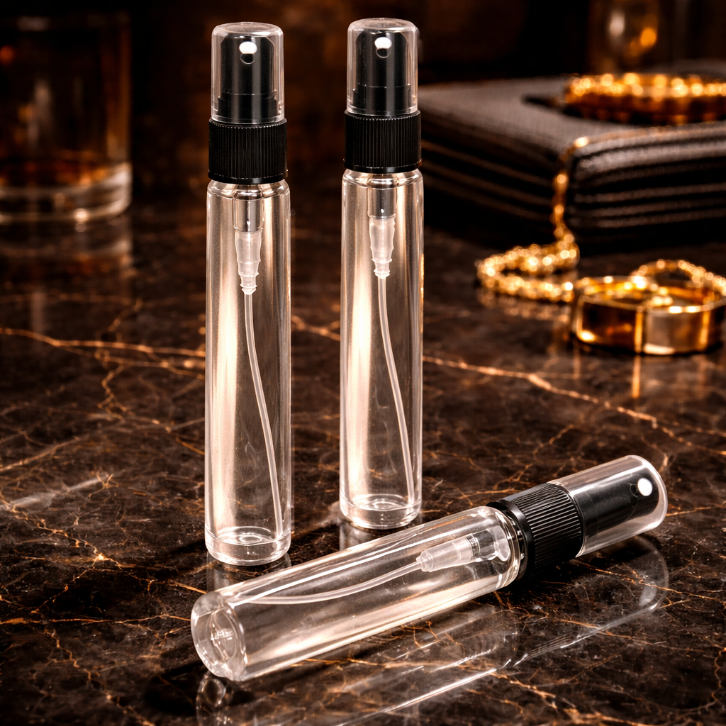 Three spray bottles with transparent bodies and black caps, displayed side by side inspired by Essential oud designer perfumes. 10ml option, samples