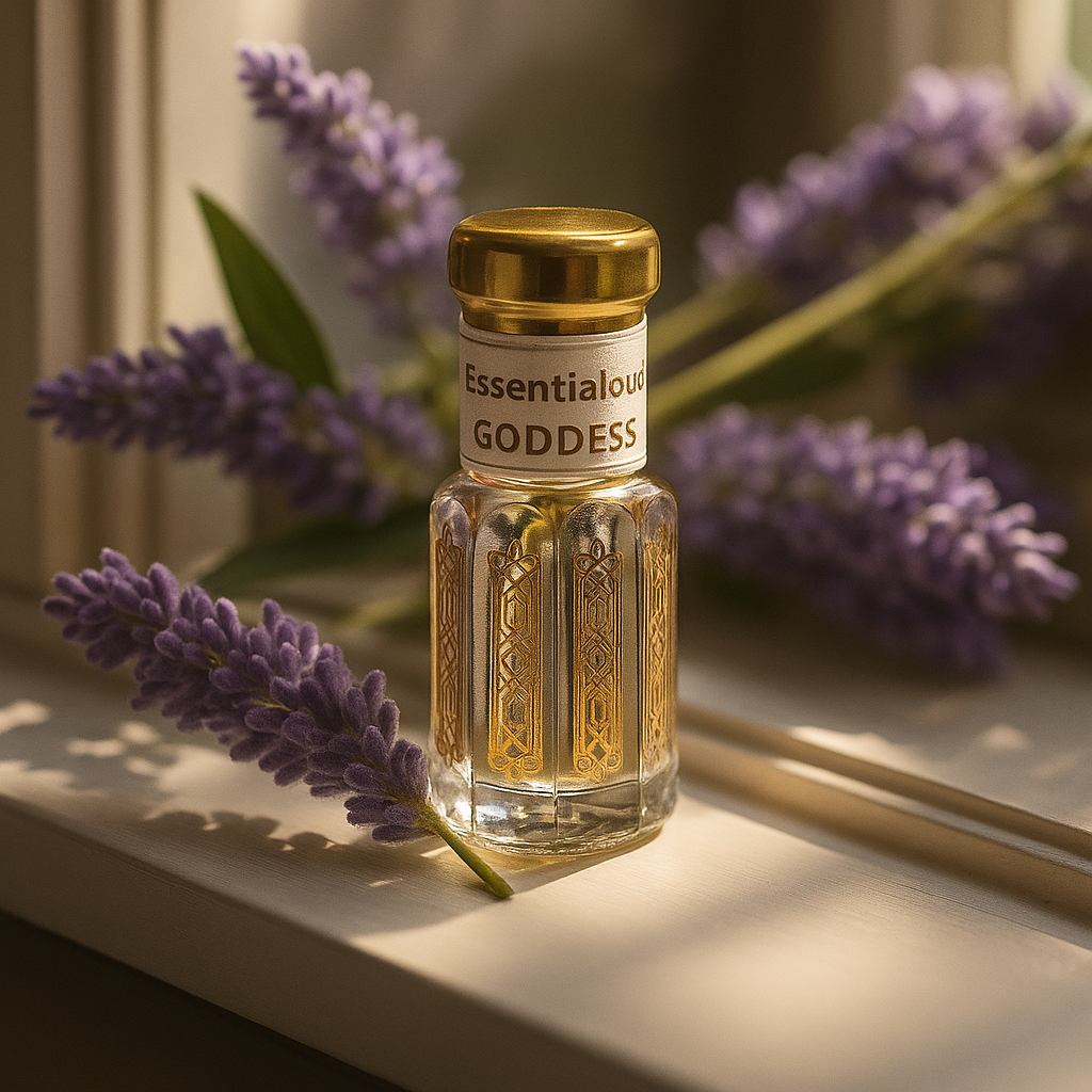 Perfume bottle labeled 'Essentialoud Goddess extreme' with lavender flowers on a light surface with rays of sunshine. inspired by Burberry Goddess intense 
