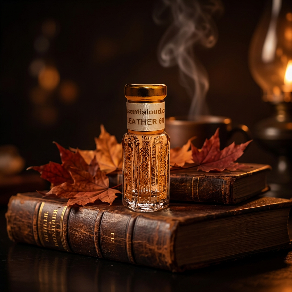 A 3ml, 6ml and 12ml amber glass bottle with a gold cap and a label reading 'Essentialoud LEATHER BOTTLE' sits on top of an old leather-bound book, with autumn leaves around it and steam rising in a warm, moody setting for autumn