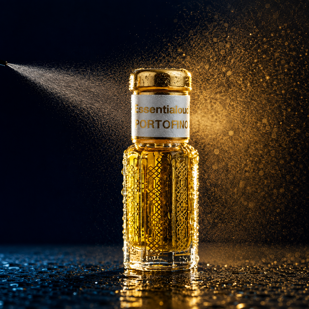 A small clear glass bottle filled with golden liquid, topped with a gold cap and a white label reading 'Essentialial PORTOFINO,' stands on a wet reflective surface against a dark background with golden spray mist around it.