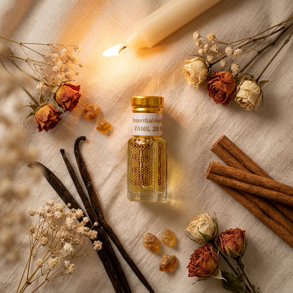 A small glass bottle labeled 'Essentialoud VANIL 28' filled with golden liquid, styled on a cream fabric surface with a lit candle, dried roses, vanilla beans, cinnamon sticks, and amber pieces.