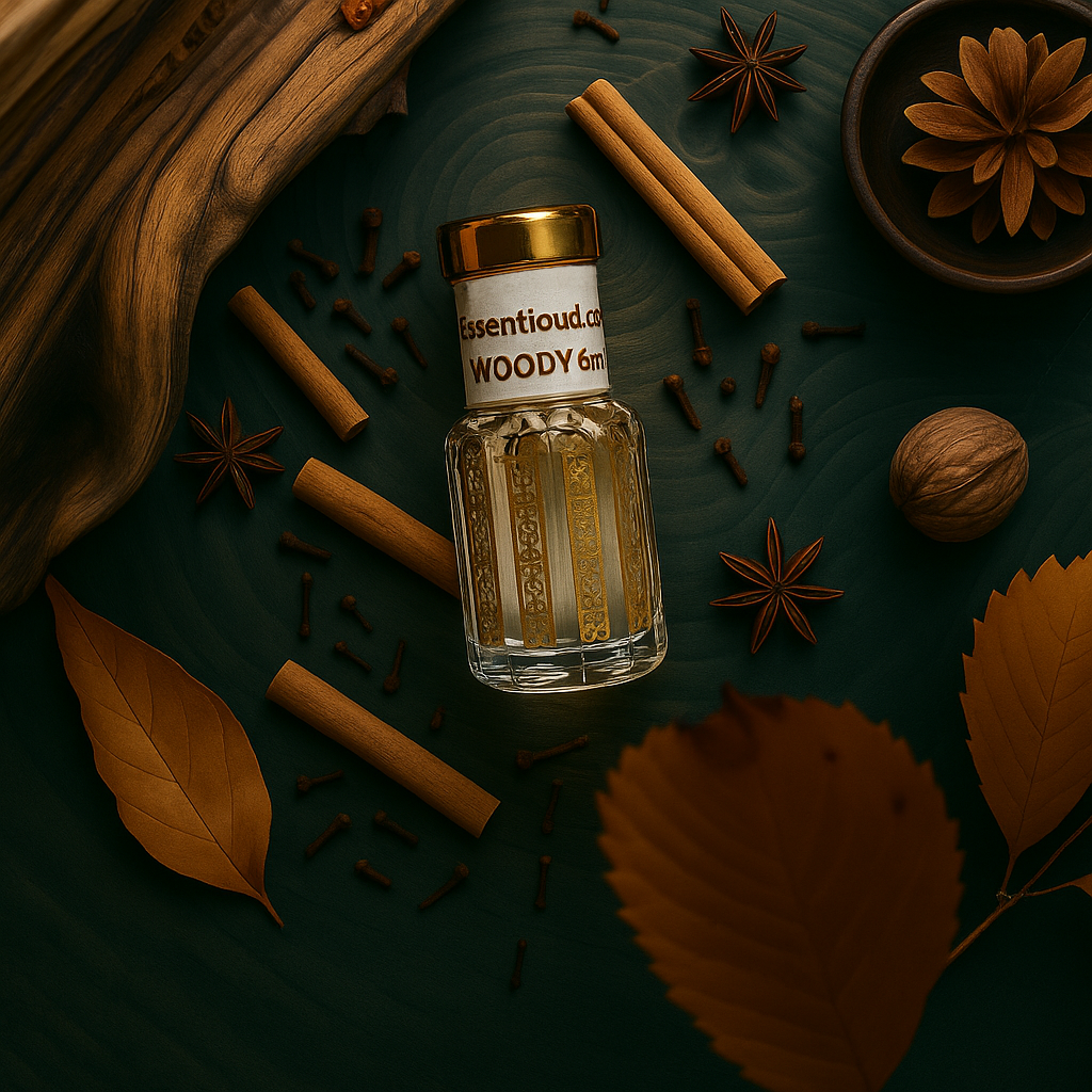 Perfume oud bottle labeled 'Woody 6ml' surrounded by cinnamon sticks, star anise, and leaves on a dark surface. Inspired by Tom Ford Oud Wood