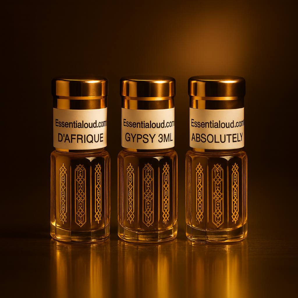 Three small bottles with gold caps and labels on a reflective surface inspired by Essemtial oud designer perfume fragrances