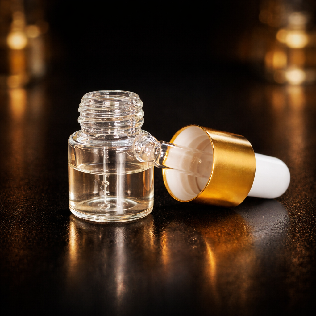 Five small 1ml glass bottles with white droppers on a reflective surface with a blurred background. Inspired by Essentialoud