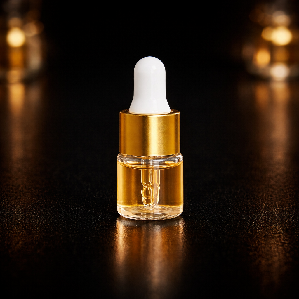 Five small 1ml glass bottles with white droppers on a reflective surface with a blurred background. Inspired by Essentialoud