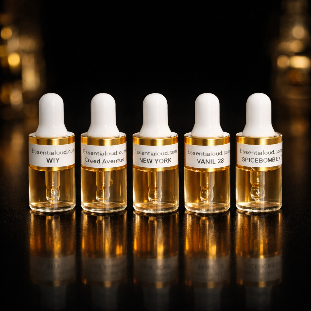 Five small 1ml glass bottles with white droppers on a reflective surface with a blurred background. Inspired by Essentialoud